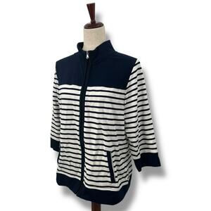 D&Co Blue Stripe Zip Up Sweater Size Medium Coastal Preppy Athletic Mock 3/4 slv